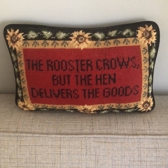 Needlepoint Decorative Pillow “The roosters crows but hen delivers the goods” - Picture 3 of 13